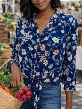INC Navy Floral Tie-Front Blouse